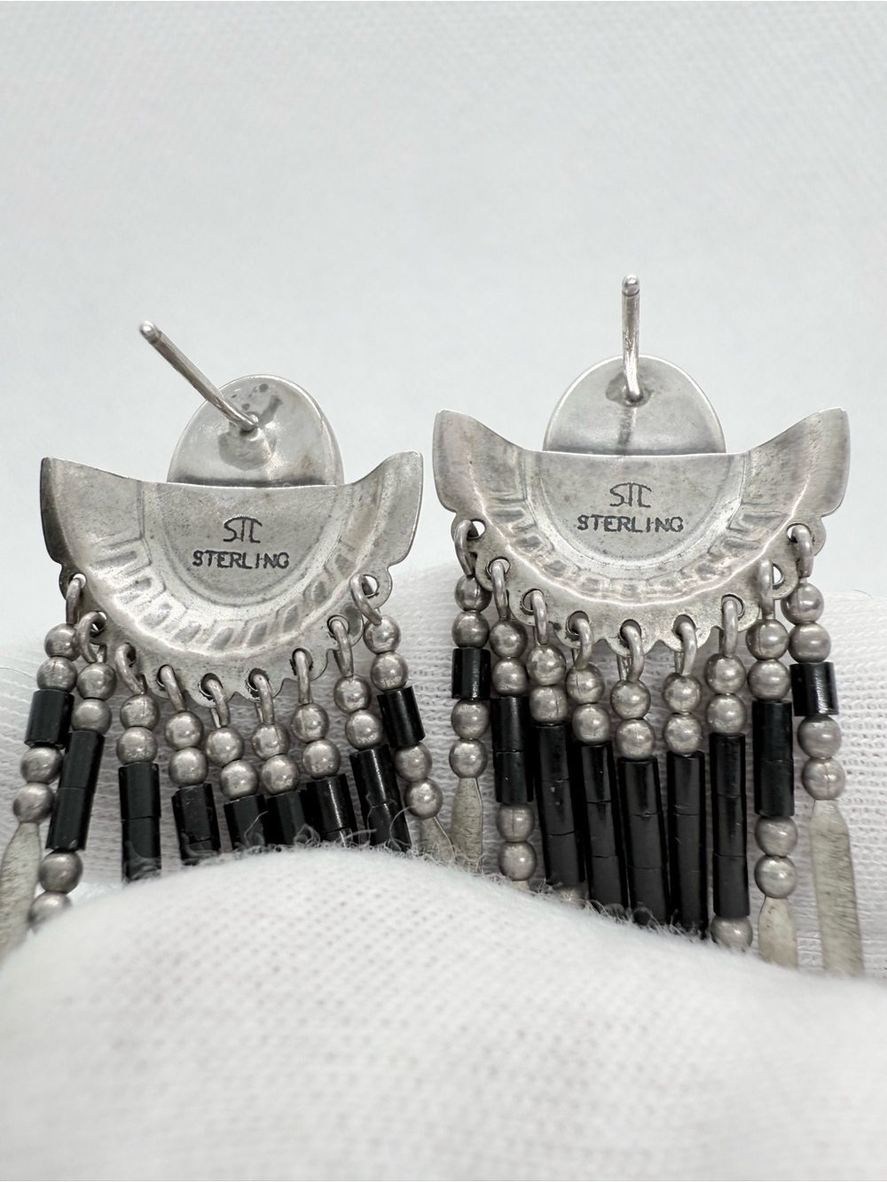 Vintage Southwestern Sterling Silver Black Onyx Fringe Dangle Statement Earrings - Picture 11 of 11